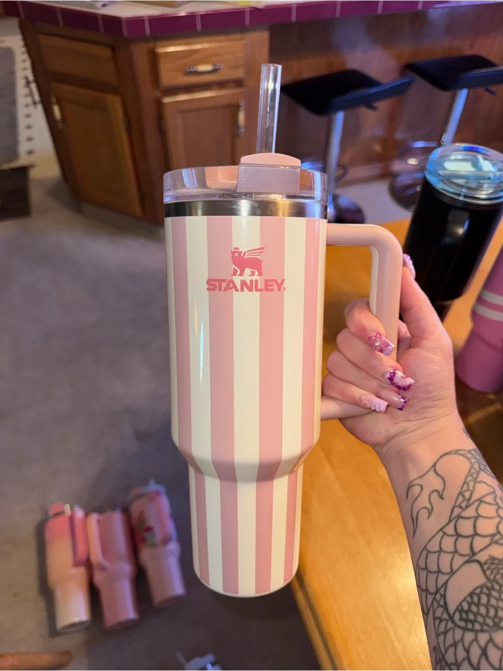 Stanley Pink and White Striped Travel Tumbler with Handle